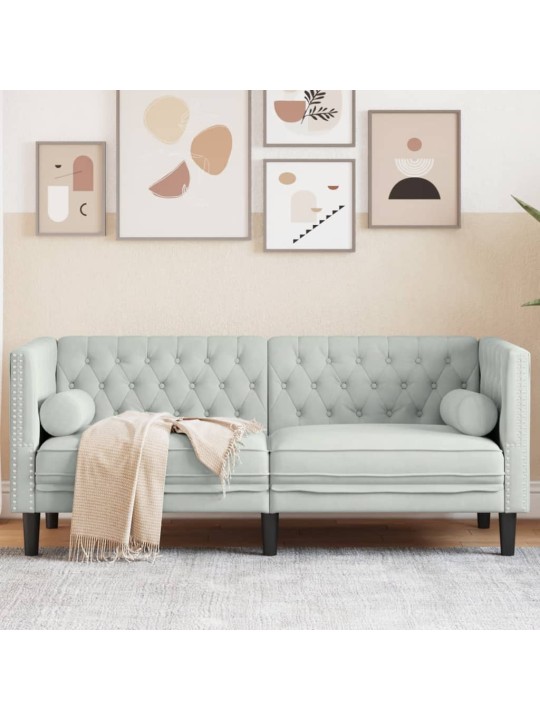 Chesterfield dīvāns ar balstiem, divvietīgs, gaiši pelēks samts
