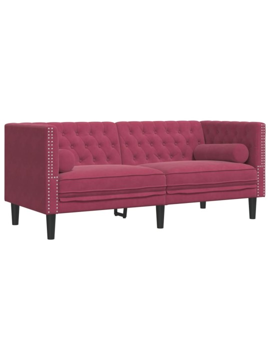Chesterfield dīvāns ar balstiem, divvietīgs, vīnsarkans samts