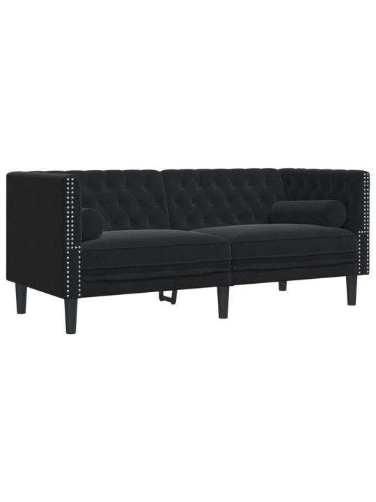 Chesterfield dīvāns ar balstiem, divvietīgs, melns samts