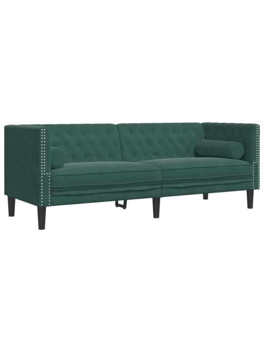 Chesterfield dīvāns ar balstiem, trīsvietīgs, tumši zaļš samts