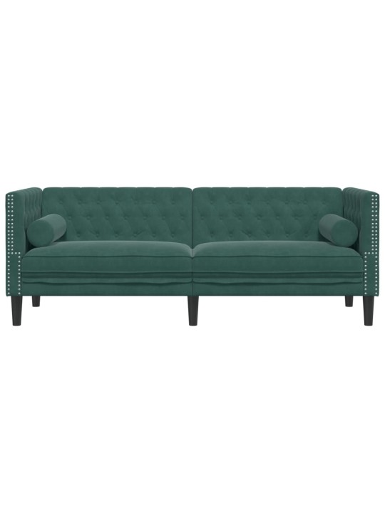 Chesterfield dīvāns ar balstiem, trīsvietīgs, tumši zaļš samts