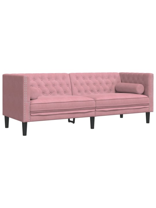 Chesterfield dīvāns ar balstiem, trīsvietīgs, rozā samts