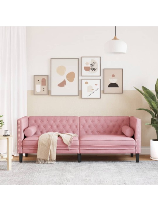 Chesterfield dīvāns ar balstiem, trīsvietīgs, rozā samts