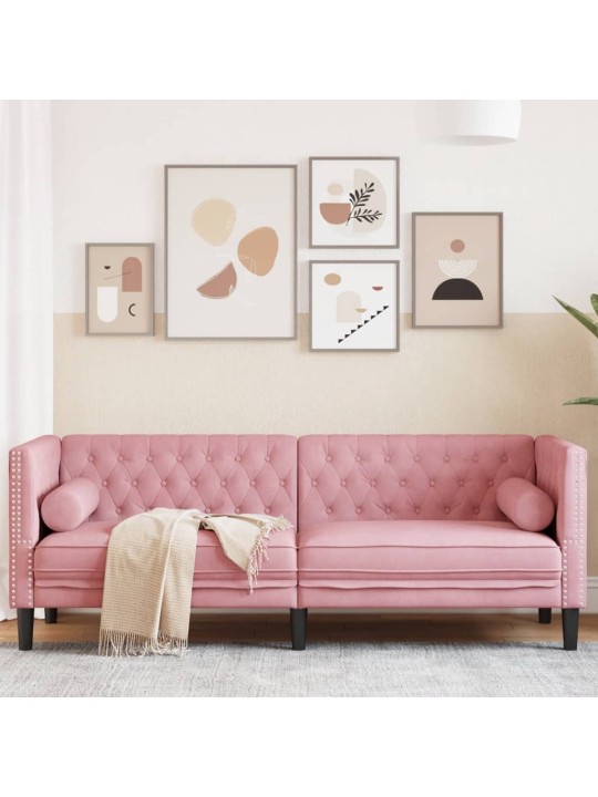Chesterfield dīvāns ar balstiem, trīsvietīgs, rozā samts