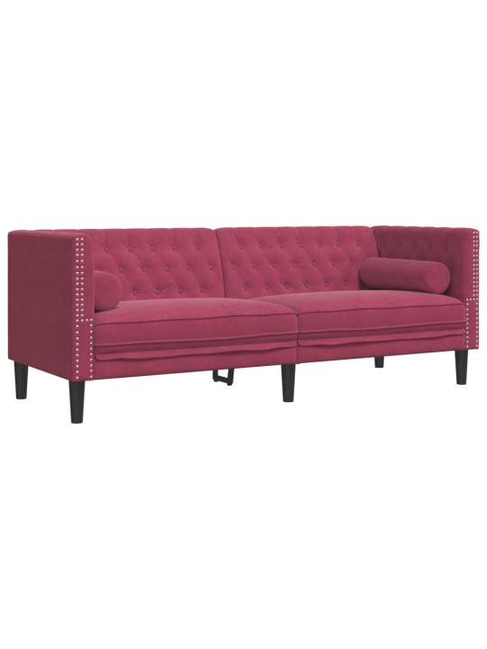 Chesterfield dīvāns ar balstiem, trīsvietīgs, vīnsarkans samts