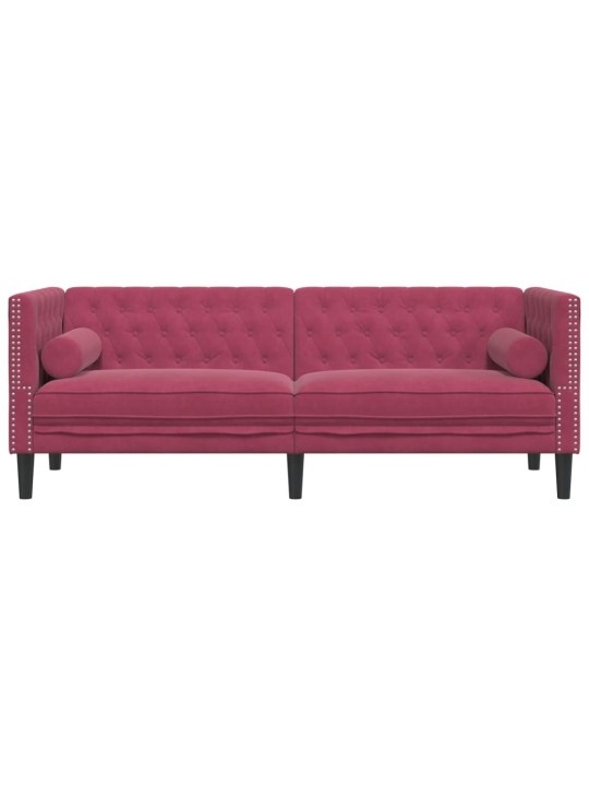 Chesterfield dīvāns ar balstiem, trīsvietīgs, vīnsarkans samts