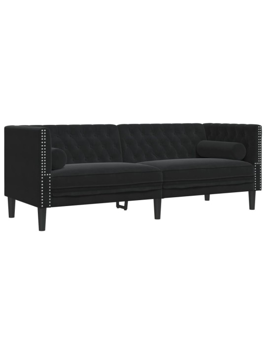 Chesterfield dīvāns ar balstiem, trīsvietīgs, melns samts