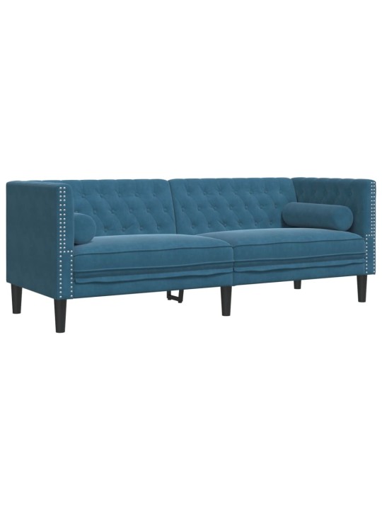 Chesterfield dīvāns ar balstiem, trīsvietīgs, zils samts
