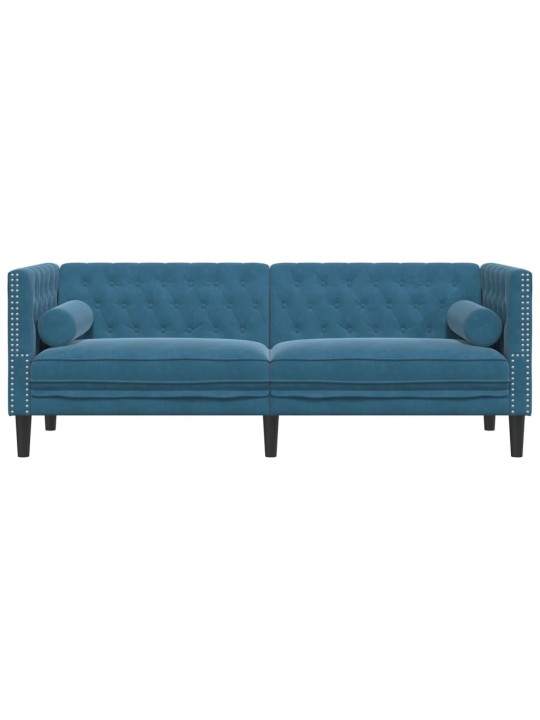 Chesterfield dīvāns ar balstiem, trīsvietīgs, zils samts