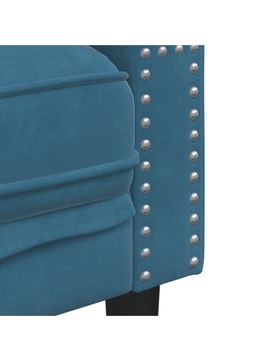 Chesterfield dīvāns ar balstiem, trīsvietīgs, zils samts