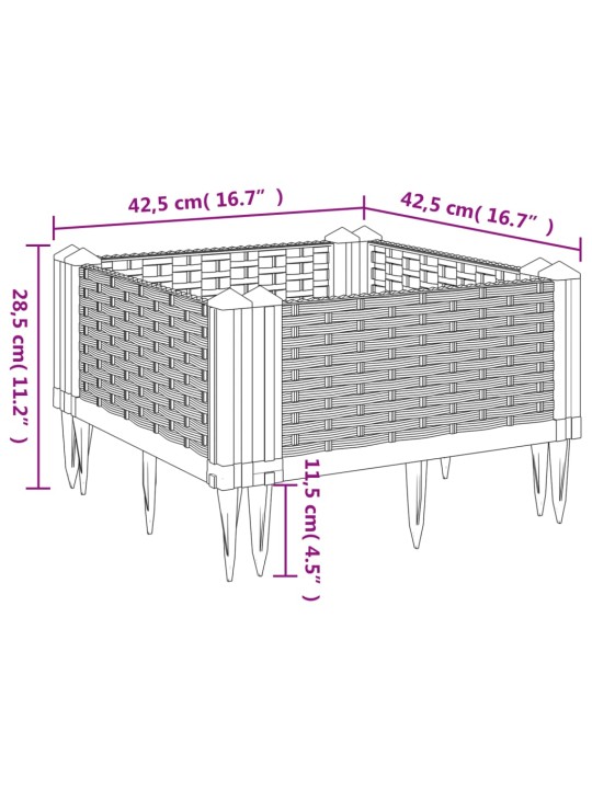 Dārza puķu kaste ar mietiņiem gaiši pelēka 42,5x42,5x28,5 cm pp