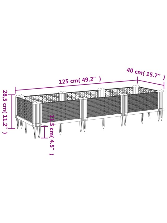 Dārza puķu kaste ar mietiņiem gaiši pelēka 125x40x28,5 cm pp