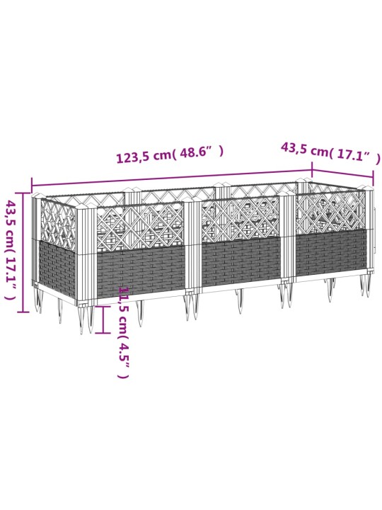 Dārza puķu kaste ar mietiņiem, zili pelēka, 123,5x43,5x43,5 cm, pp