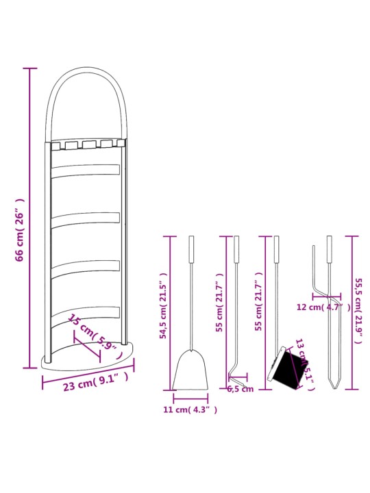 5-daļīgs kamīna instrumentu komplekts, 23x15x66 cm, tērauds