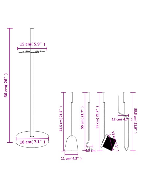 5-daļīgs kamīna instrumentu komplekts, 18x66 cm, tērauds