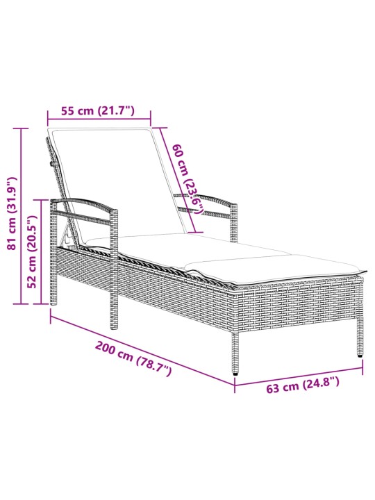 Sauļošanās zvilnis ar matraci 63x200x81cm pelēka pe rotangpalma
