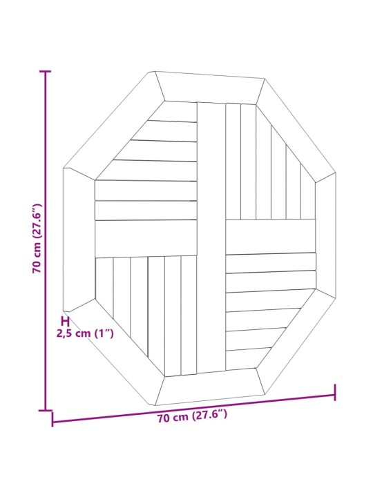 Galda virsma, 70x70x2,5 cm, masīvs tīkkoks, astoņstūra forma