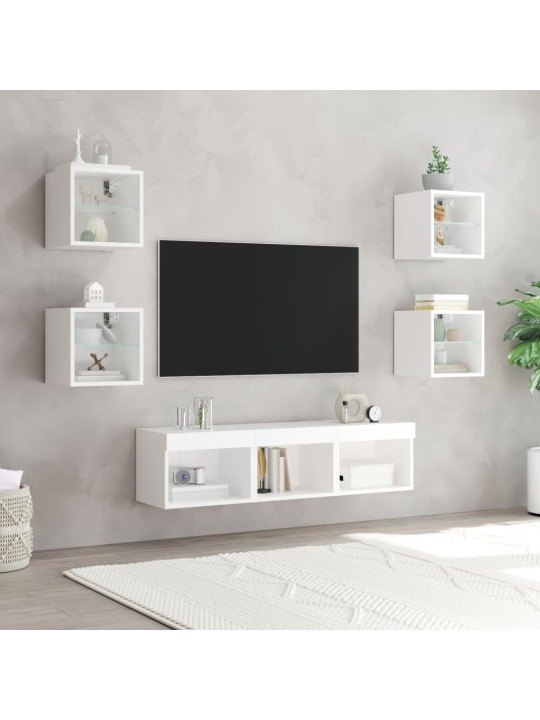 7-daļīgs tv skapīšu komplekts ar led, balts, inženierijas koks