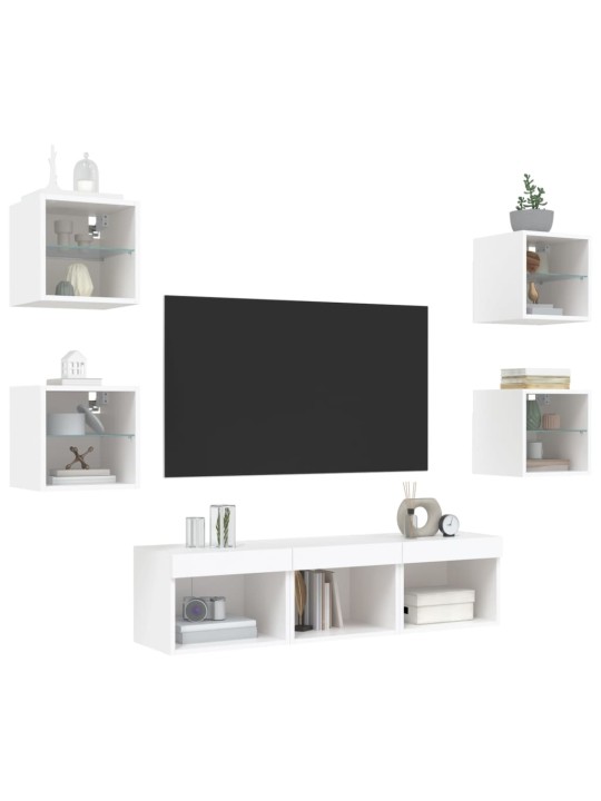 7-daļīgs tv skapīšu komplekts ar led, balts, inženierijas koks
