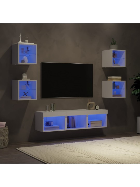 7-daļīgs tv skapīšu komplekts ar led, balts, inženierijas koks