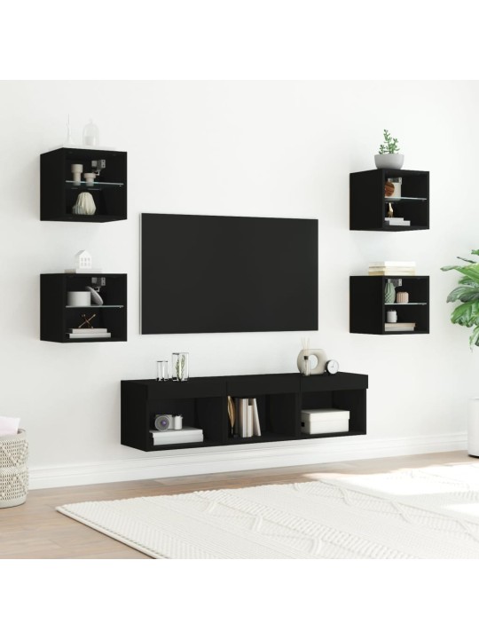 7-daļīgs tv skapīšu komplekts ar led, melns, inženierijas koks