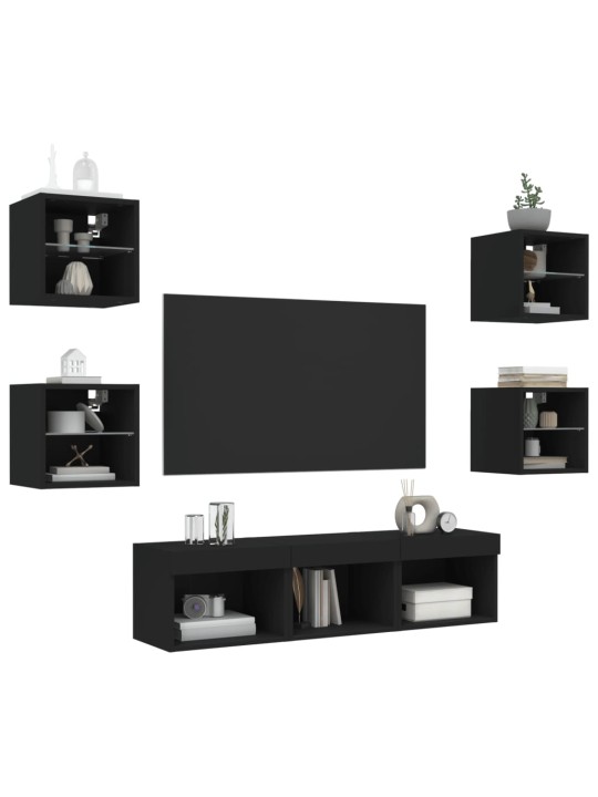 7-daļīgs tv skapīšu komplekts ar led, melns, inženierijas koks