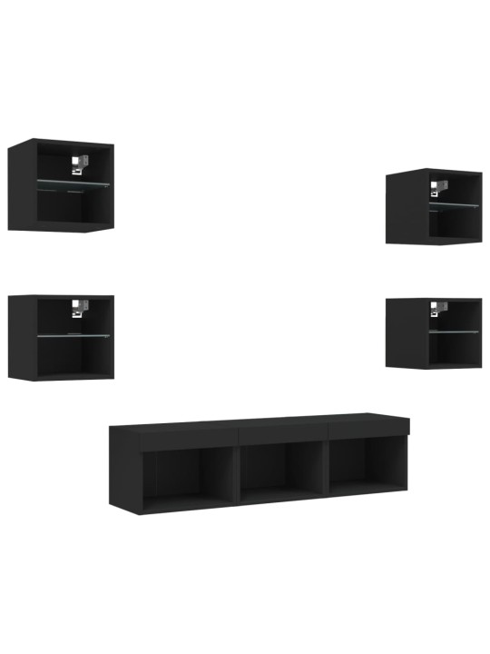 7-daļīgs tv skapīšu komplekts ar led, melns, inženierijas koks