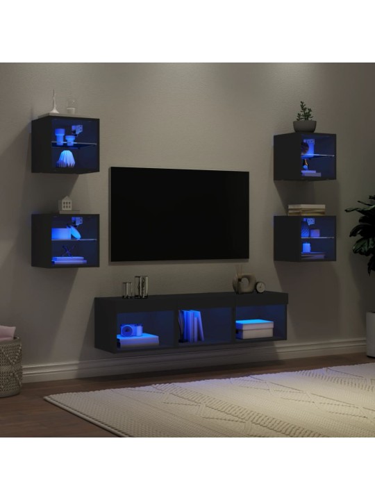 7-daļīgs tv skapīšu komplekts ar led, melns, inženierijas koks