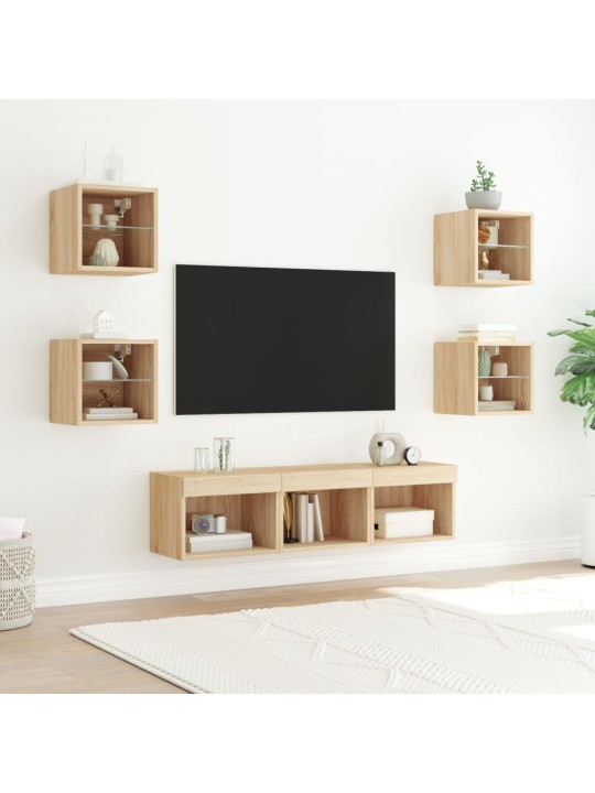 7-daļīgs tv skapīšu komplekts ar led, ozola, inženierijas koks