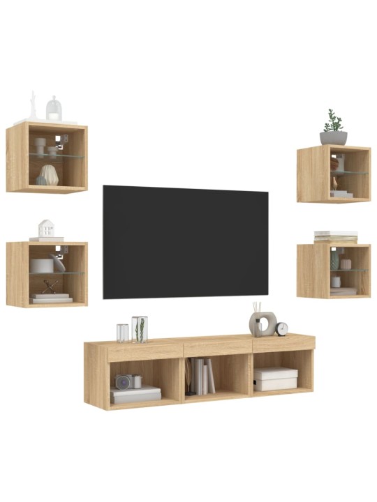 7-daļīgs tv skapīšu komplekts ar led, ozola, inženierijas koks