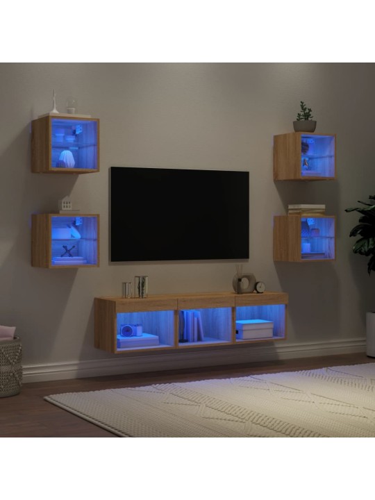 7-daļīgs tv skapīšu komplekts ar led, ozola, inženierijas koks