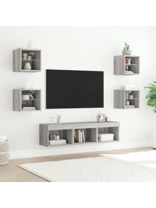 7-daļīgs tv skapīšu komplekts ar led, pelēka ozola