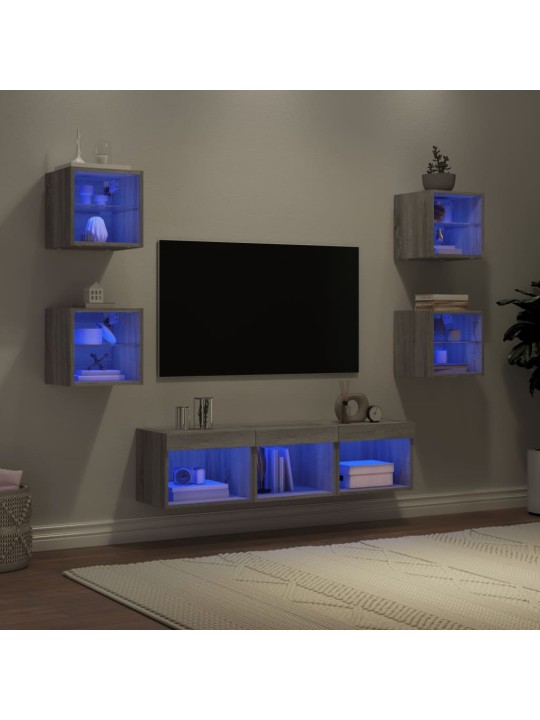 7-daļīgs tv skapīšu komplekts ar led, pelēka ozola
