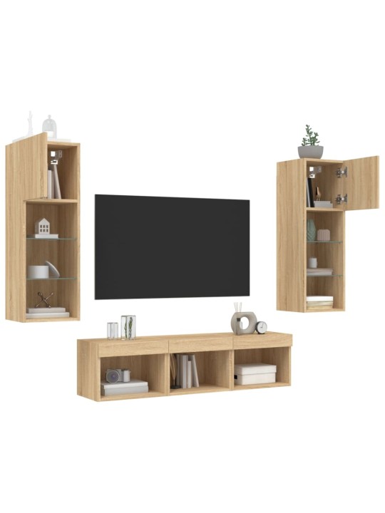 5-daļīgs tv skapīšu komplekts ar led, ozola, inženierijas koks