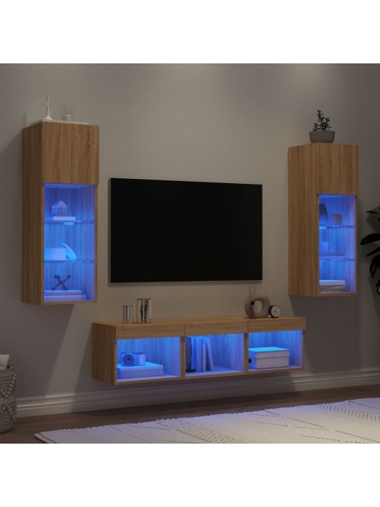 5-daļīgs tv skapīšu komplekts ar led, ozola, inženierijas koks