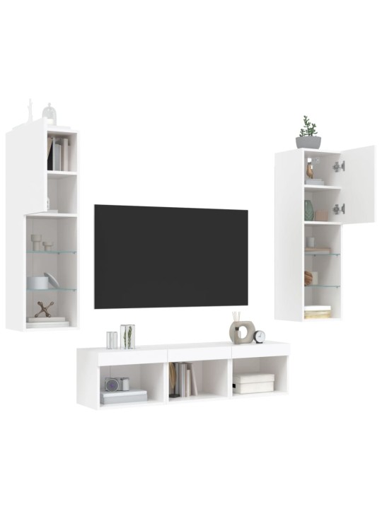 5-daļīgs tv skapīšu komplekts ar led, balts, inženierijas koks