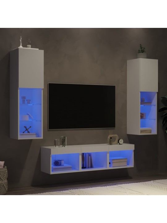 5-daļīgs tv skapīšu komplekts ar led, balts, inženierijas koks