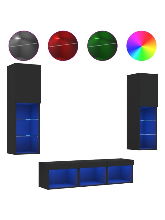 5-daļīgs tv skapīšu komplekts ar led, melns, inženierijas koks