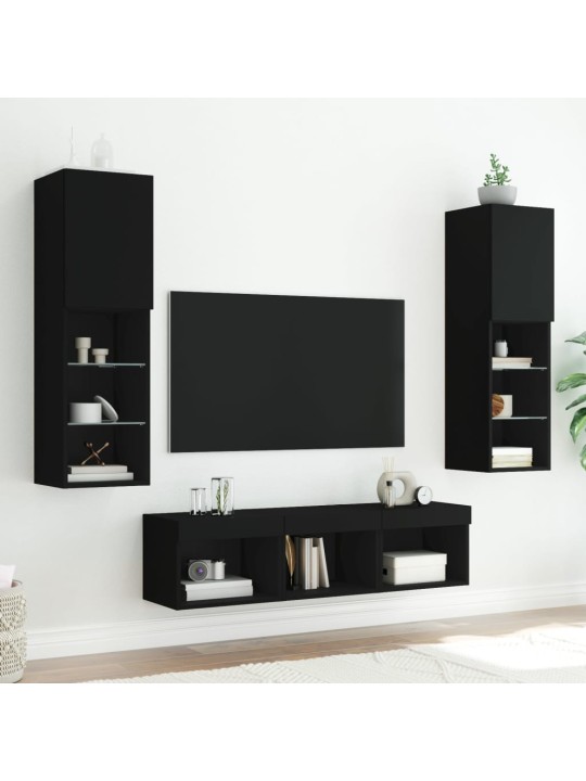 5-daļīgs tv skapīšu komplekts ar led, melns, inženierijas koks