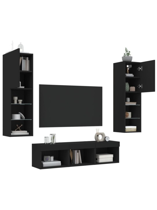5-daļīgs tv skapīšu komplekts ar led, melns, inženierijas koks