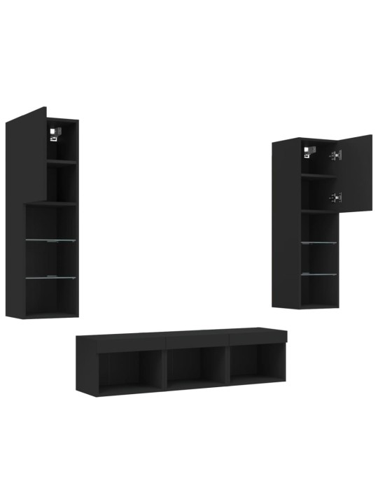 5-daļīgs tv skapīšu komplekts ar led, melns, inženierijas koks
