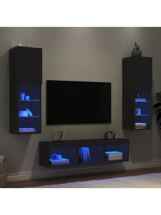 5-daļīgs tv skapīšu komplekts ar led, melns, inženierijas koks