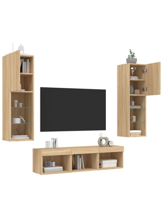 5-daļīgs TV skapīšu komplekts ar LED, ozola, inženierijas koks