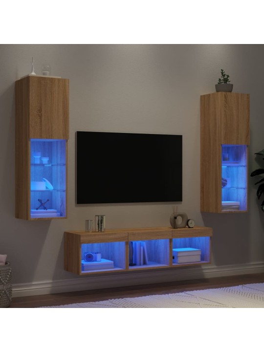 5-daļīgs TV skapīšu komplekts ar LED, ozola, inženierijas koks