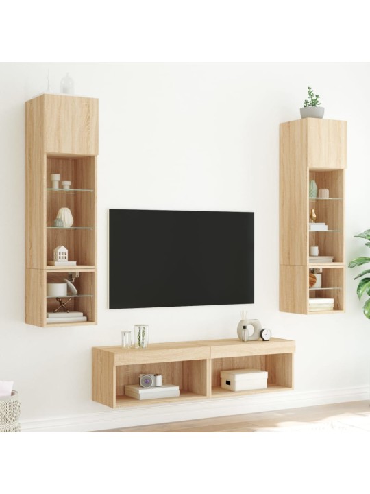 6-daļīgs tv skapīšu komplekts ar led, ozola, inženierijas koks