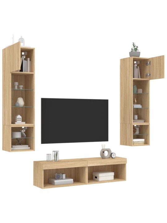 6-daļīgs tv skapīšu komplekts ar led, ozola, inženierijas koks