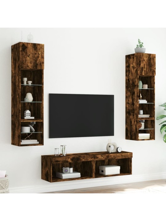 6-daļīgs tv skapīšu komplekts ar led, ozola, inženierijas koks