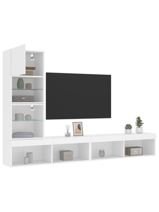 4-daļīgs tv skapīšu komplekts ar led, balts, inženierijas koks