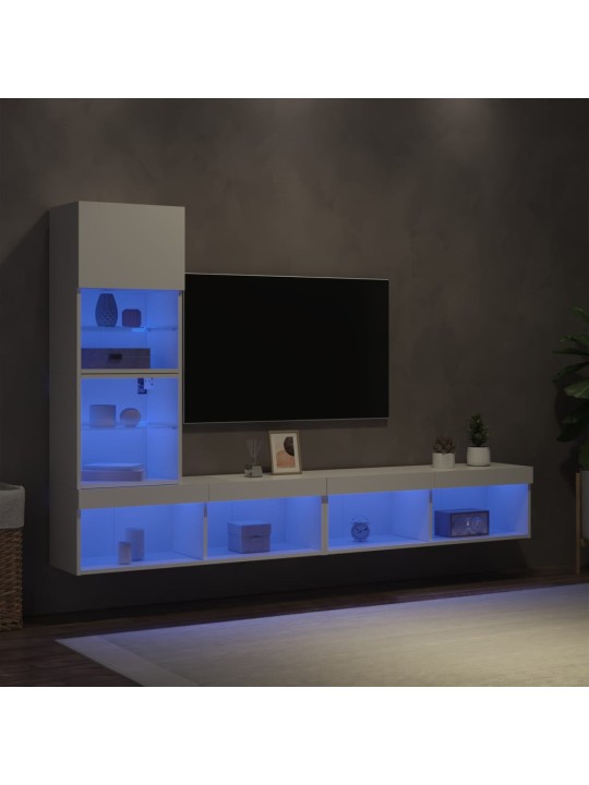 4-daļīgs tv skapīšu komplekts ar led, balts, inženierijas koks