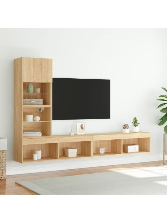 4-daļīgs tv skapīšu komplekts ar led, ozola, inženierijas koks